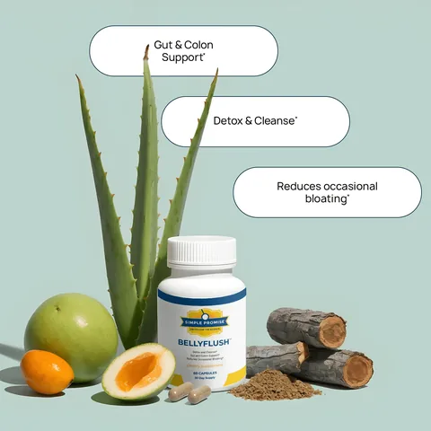 BellyFlush bottle with aloe, papaya-like fruit, bark and herbal powder: gut and colon support, detox and cleanse, reduces occasional bloating