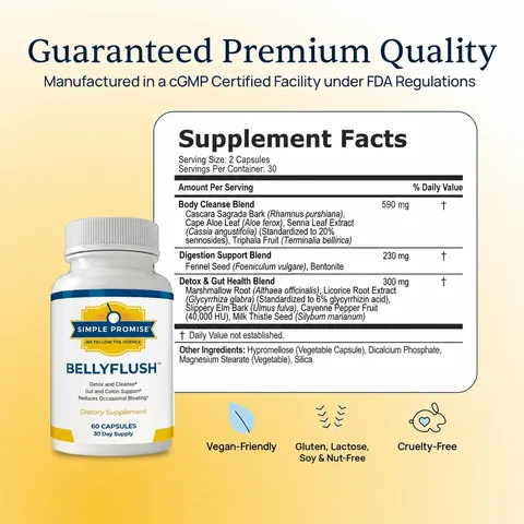 BellyFlush Supplement Facts label: Body Cleanse Blend 590 mg, Digestion Support Blend 230 mg, Detox and Gut Health Blend 300 mg; vegan-friendly, gluten, lactose, soy and nut-free, cruelty-free